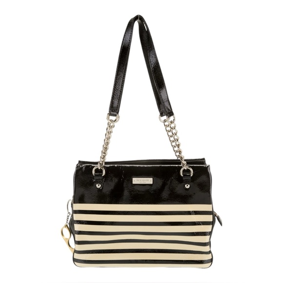 kate spade Handbags - Kate Spade Black & Beige Patent Leather Chain Shoulder Bag – Classic Striped